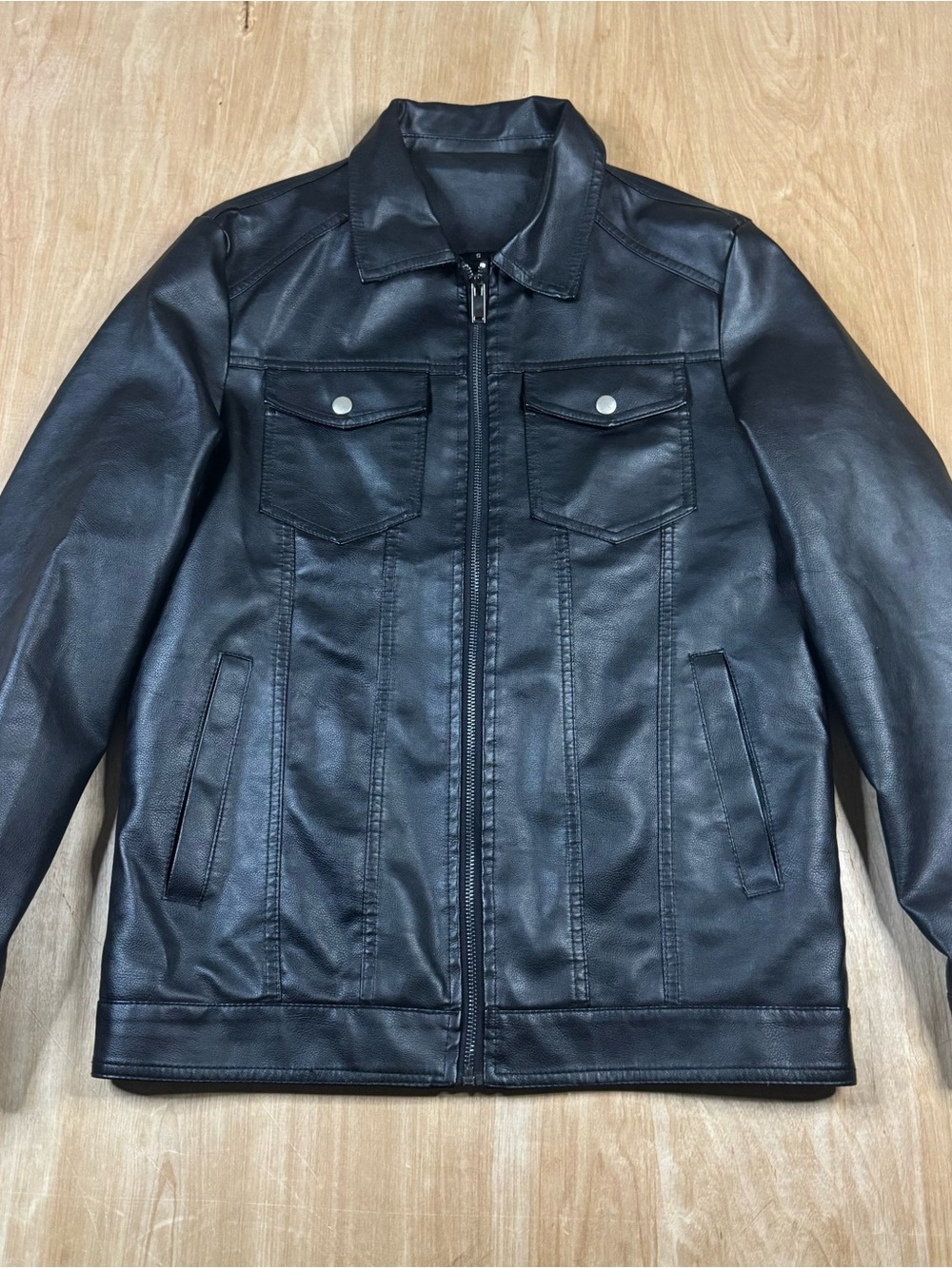 Hood Crew Mens Black Faux Leather Motorcycle Biker Jacket Lightweight Size Small